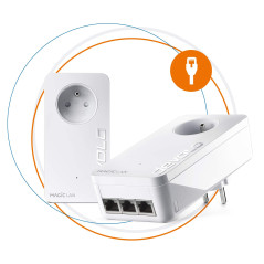 devolo Magic 2 LAN Triple Starter Kit : 2x Adaptateurs CPL, Prise Gigogne (2400 Mbits, 4x ports Gigabit Ethernet), idéal pour TV