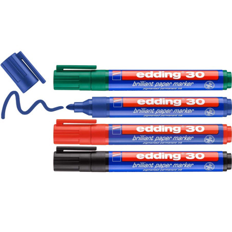edding 30 Marqueur papier à encre brillante - multi-couleur - 4 marqueurs permanents imperméables - pointe ronde 1,5-3 mm - colo