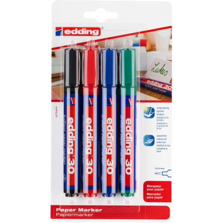 edding 30 Marqueur papier à encre brillante - multi-couleur - 4 marqueurs permanents imperméables - pointe ronde 1,5-3 mm - colo