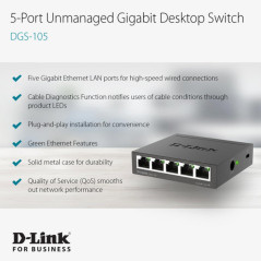D-Link DGS-105 Switch 5 Ports Gigabit Metallique 10/100/1000mbps - Idéal Partage de Connexion et Mise en Réseau Small/Home Offic
