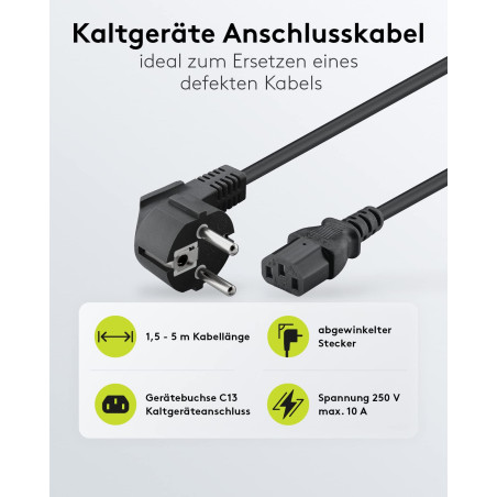 Goobay 68604 Câble d'alimentation coudé pour appareils froids tel que PC, Moniteur, Onduleur (fiche de sécurité selon IEC 320 C1