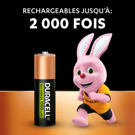 Duracell Rechargeables Piles AA (lot de 4), 1300 mAh NiMH, 2000 recharges, pré-chargées, Puissance longue durée, un packaging re