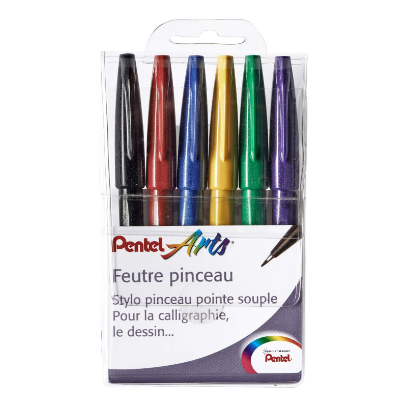 Pentel Pochette de 6 feutres pinceaux à pointe souple pour esquisse/calligraphie Couleurs assorties funny Pentel Pochette de 6 feutres pinceaux à pointe souple pour esquisse/calligraphie Couleurs assorties funny