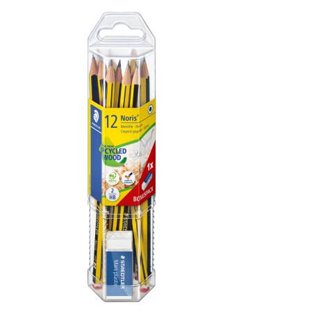 Staedtler Noris, 12 Crayons à papier HB de haute qualité, Pot en plastique avec une gomme Mars Plastic offerte, 61 120P1