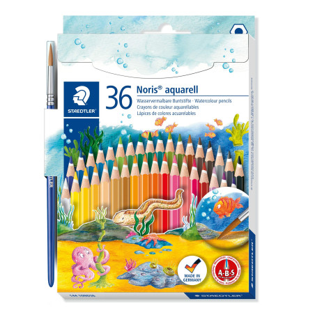 Staedtler Noris Aquarell, Crayons de couleur aquarellables avec système anti-casse, Utilisables à sec ou l'eau, Étui carton avec