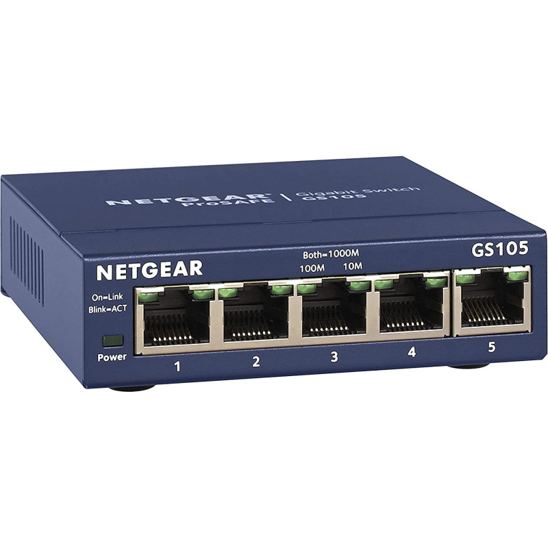 NETGEAR (GS105) Switch Ethernet 5 Ports RJ45 Métal Gigabit (10/100/1000), switch RJ45 Métal, Positionnement sur un bureau ou un NETGEAR (GS105) Switch Ethernet 5 Ports RJ45 Métal Gigabit (10/100/1000), switch RJ45 Métal, Positionnement sur un bureau ou un