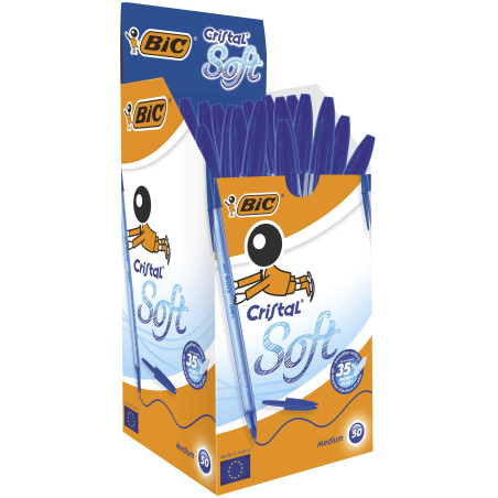 BIC Cristal Soft - Stylos-Bille Pointe Moyenne (1,2 mm) pour une Ecriture Ultra-Douce - Bleu, Boîte de 50