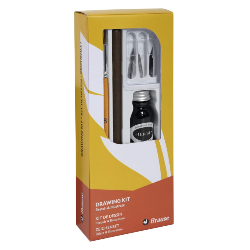 Brause 145B - Un kit d'apprentissage comprenant 3 plumes de dessin (66B, 511B et 513B), un porte-plume en bois, un pinceau, un f Brause 145B - Un kit d'apprentissage comprenant 3 plumes de dessin (66B, 511B et 513B), un porte-plume en bois, un pinceau, un f