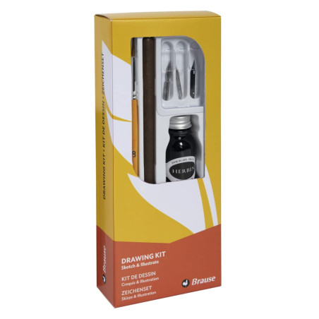 Brause 145B - Un kit d'apprentissage comprenant 3 plumes de dessin (66B, 511B et 513B), un porte-plume en bois, un pinceau, un f