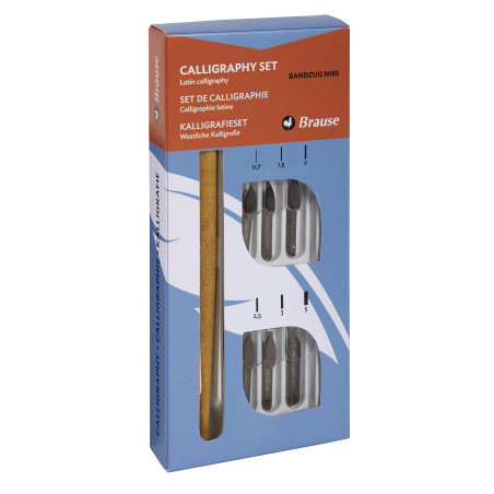 Brause 141B - Un set de calligraphie comprenant 6 plumes Bandzug (0,7 mm, 1,5 mm, 2 mm, 2,5 mm, 3 mm et 5mm), un porte-plume et