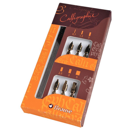 Brause 141B - Un set de calligraphie comprenant 6 plumes Bandzug (0,7 mm, 1,5 mm, 2 mm, 2,5 mm, 3 mm et 5mm), un porte-plume et