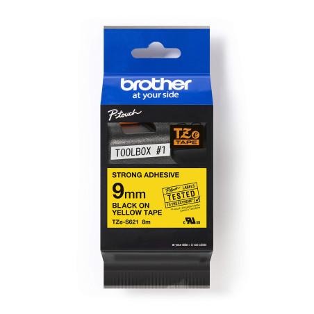 Brother Ruban adhésif extra fort TZe TZe-S621 - Couleur du ruban : jaune - Couleur de l'écriture : noir 9 mm 8 m