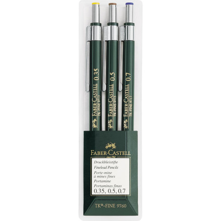 Faber-Castell 136030 - Lot de 3 porte-mines TK-FINE 9760, épaisseur des mines: 0,35 mm ; 0,5 mm + 0,7 mm, dureté HB