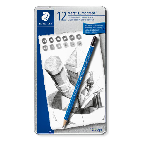 Staedtler Mars Lumograph, Crayons à papier de très haute qualité pour écriture et dessin artistique, Boîte en métal avec 12 cray