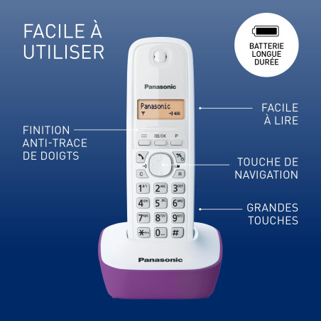 Panasonic KX-TG1612FRF Téléphone Duo sans fil DECT sans répondeur Pourpre [Version Française]
