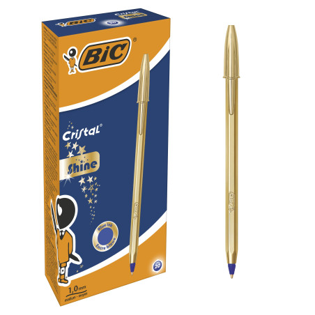 BIC Cristal Original Shine - Stylo-Bille Pointe Moyenne (1,0 mm) Corps Doré - Écriture Fluide et Élégante à Encre Bleue, Boîte d