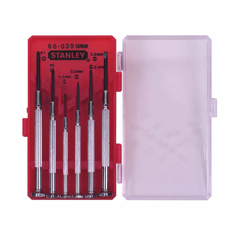 STANLEY Tournevis Horloger Coffret de 6 Pièces - Lame Trempée et Bleuie Plus Résistante - Manche Nickelé - Poignée Hexagonale et