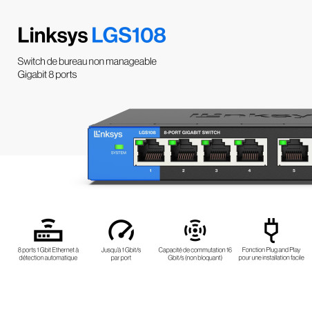 Linksys Switch Non Manageable Gigabit Avec 8 Ports Lgs108-Eu (ethernet Maison et Bureau Avec Boîtier Métallique, Séparateur ethe
