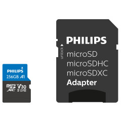 Philips Ultra Pro Carte microSDXC 256 Go + SD adapteur UHS-I U3, Vitesse de Lecture jusqu'à 100 Mo/s, A1 Fast App Performance, V
