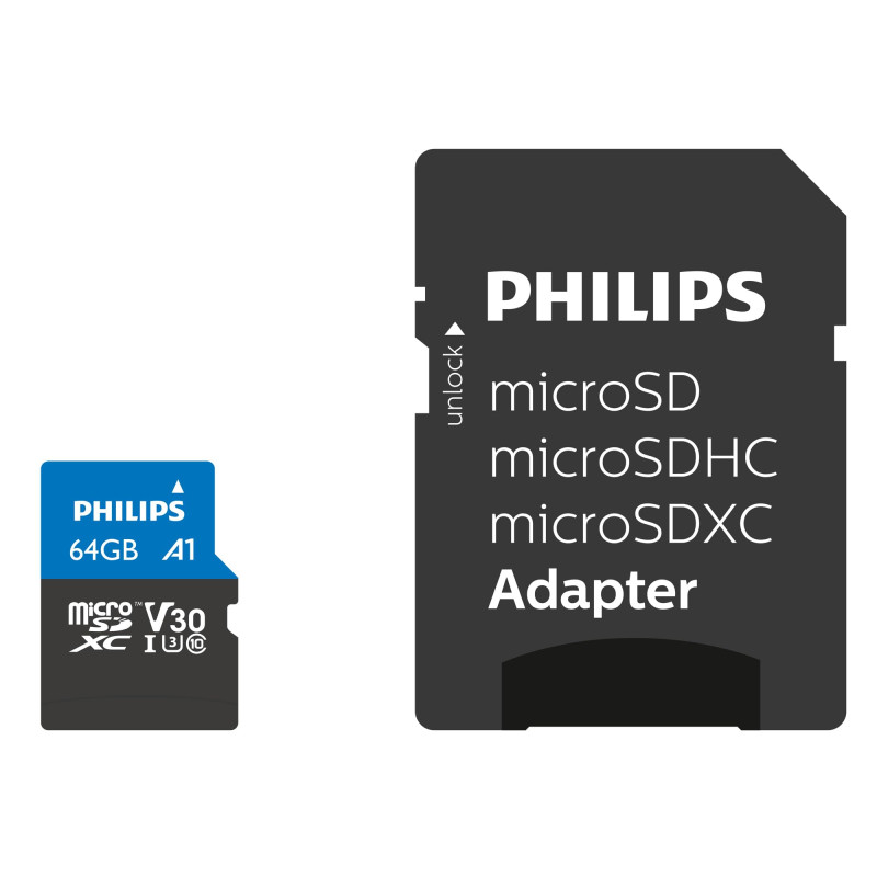 Philips Ultra Pro Carte microSDXC 64 Go + SD adapteur UHS-I U3, Vitesse de Lecture jusqu'à 100 Mo/s, A1 Fast App Performance, V3 Philips Ultra Pro Carte microSDXC 64 Go + SD adapteur UHS-I U3, Vitesse de Lecture jusqu'à 100 Mo/s, A1 Fast App Performance, V3