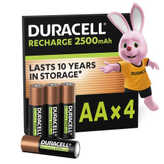 Duracell Rechargeables Piles AA (lot de 4), 2500 mAh, NiMH, pré-chargées, Longue durée, un packaging recyclable 0% plastique