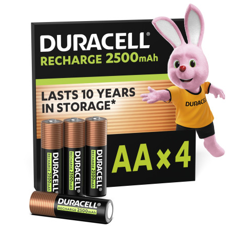 Duracell Rechargeables Piles AA (lot de 4), 2500 mAh, NiMH, pré-chargées, Longue durée, un packaging recyclable 0% plastique