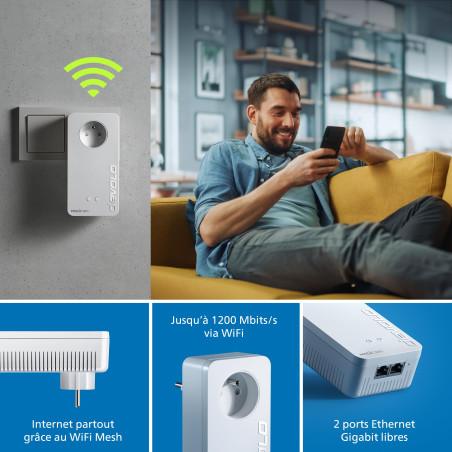 devolo Magic 2 WiFi 5 (ac) Starter Kit: 2x Adaptateurs CPL WiFi, Prise Gigogne (2400 Mbits, 3x Ports Ethernet Gigabit), idéal té