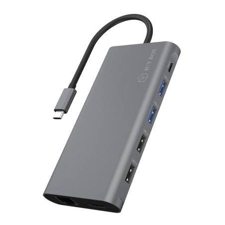 ICY BOX Station d'accueil USB-C (12-en-1) avec 2x HDMI & 1x DP, Docking Station USB-C pour Ordinateur Portable (Gigabit Ethernet