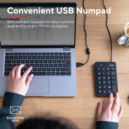 Trust Xalas Pavé Numérique USB pour PC Portable et Ordinateur, Mini Clavier Compact Filaire avec 5 Touches Supplémentaires Mince