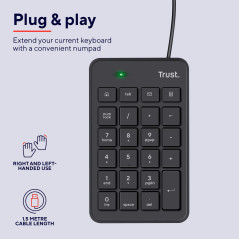 Trust Xalas Pavé Numérique USB pour PC Portable et Ordinateur, Mini Clavier Compact Filaire avec 5 Touches Supplémentaires Mince