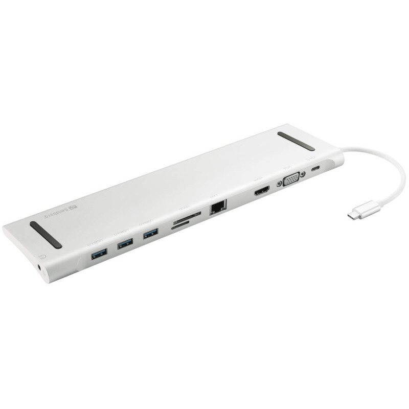 Sandberg USB-C 10-in-1 Docking Station, Concentrateur USB-C vers 3X USB-A 1x USB-C HDMI VGA Ethernet Fente pour Carte Mémoire Au Sandberg USB-C 10-in-1 Docking Station, Concentrateur USB-C vers 3X USB-A 1x USB-C HDMI VGA Ethernet Fente pour Carte Mémoire Au