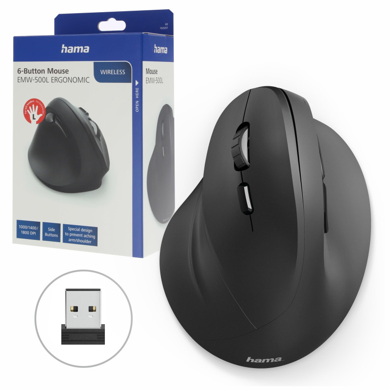 Hama EMW-500L Souris Verticale Ergonomique sans Fil - Technologie 2.4Ghz, Capteur 1800 dpi, Technologie Smart-Link, Gaucher/e - Hama EMW-500L Souris Verticale Ergonomique sans Fil - Technologie 2.4Ghz, Capteur 1800 dpi, Technologie Smart-Link, Gaucher/e -