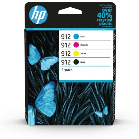 HP 912, Pack de 4 cartouches d'Encre Originales, 6ZC74AE, Noir, Jaune, Cyan, Magenta, Compatible avec les imprimantes OfficeJet