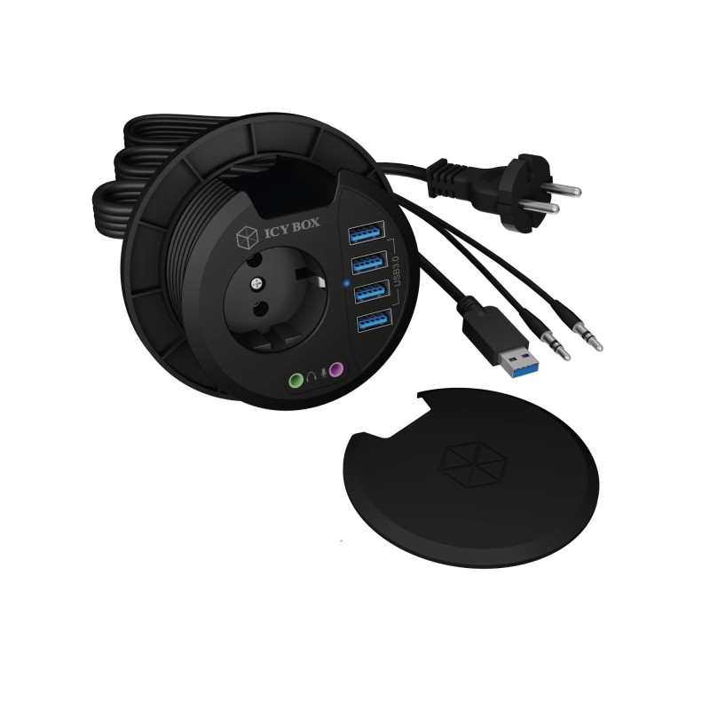 ICY Box USB hub de Table pour Installation 80 mm, hub USB 3.0, Prise de Courant, Audio, Prise de Table Ronde, Noir, IB-HUB1430