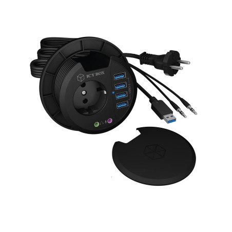 ICY Box USB hub de Table pour Installation 80 mm, hub USB 3.0, Prise de Courant, Audio, Prise de Table Ronde, Noir, IB-HUB1430