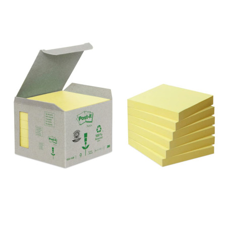Post-it Notes Autocollantes, Recyclés, Pack de 6 Blocs, 100 Feuilles par Bloc, 76 mm x 76 mm, Jaune Pastel - Notes Autocollantes