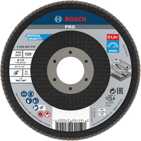 Bosch 1x Plateau à lamelles PRO Metal X571, version bombée sur fibres (pour Acier, Acier inoxydable, Ø 115 mm, Grain 120, Profes