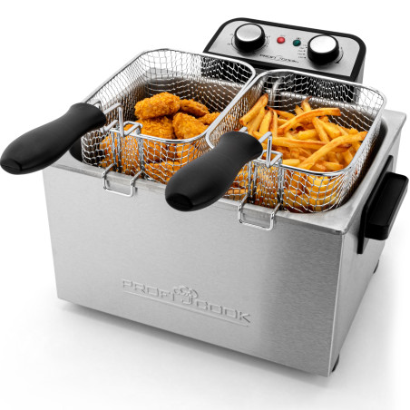 ProfiCook PC-FR 1038 Friteuse double, 2 petits & 1 grand paniers à friture, capacité 5 litres, filtre permanent contre les odeur