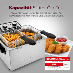 ProfiCook PC-FR 1038 Friteuse double, 2 petits & 1 grand paniers à friture, capacité 5 litres, filtre permanent contre les odeur