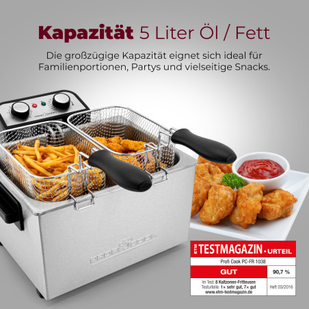 ProfiCook PC-FR 1038 Friteuse double, 2 petits & 1 grand paniers à friture, capacité 5 litres, filtre permanent contre les odeur