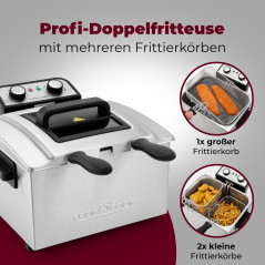 ProfiCook PC-FR 1038 Friteuse double, 2 petits & 1 grand paniers à friture, capacité 5 litres, filtre permanent contre les odeur