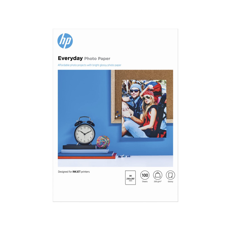 HP Papier photo Everyday, brillant, 200 g/m2, A4, 100 feuilles, compatible avec les Imprimantes HP LaserJet