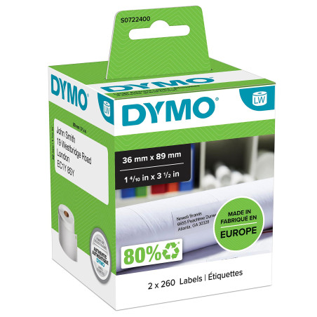 DYMO LW grandes étiquettes d'adresse autocollantes authentiques | 36 mm x 89 mm | impression en noir sur fond blanc | 2 rouleaux