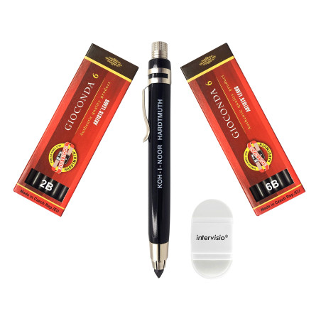 Koh-I-Noor 5359 Porte-mines mécanique 5.6 mm - Porte-mines moderne en métal avec mines en graphite, Set 4865 2B et 6B avec gomme