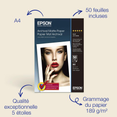 Papier photo A4 mat Epson Archival 189 g/m2, 50 feuilles
