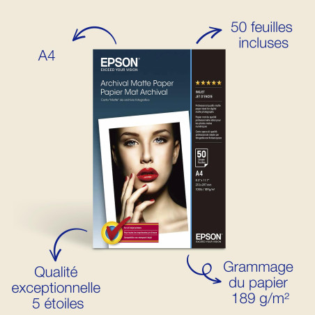 Papier photo A4 mat Epson Archival 189 g/m2, 50 feuilles