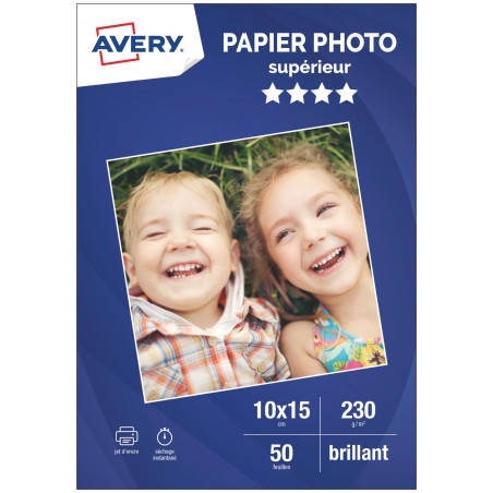 Avery Papier 230/m² Brillant - 50 Feuilles - Papier Photo 10 x 15 Brillant- Jet d'Encre, Séchage Instantané, FSC Certifié, Coule