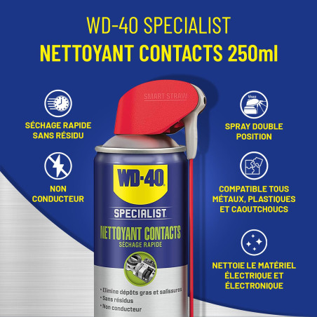 WD-40 Specialist • Nettoyant Contact • Spray Double Position • Elimine huile, dépôts gras, poussière, saleté, résidus de flux et