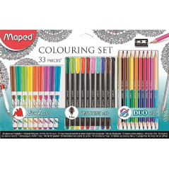 Maped 897417 33 pièces Kit de coloriage Y Compris Brosse, pointes Feutre Fineliner stylos, crayons de couleur et taille-crayon e