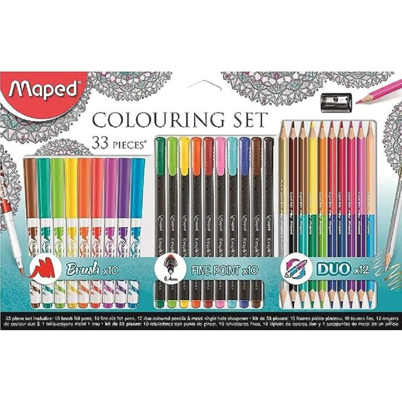 Maped 897417 33 pièces Kit de coloriage Y Compris Brosse, pointes Feutre Fineliner stylos, crayons de couleur et taille-crayon e Maped 897417 33 pièces Kit de coloriage Y Compris Brosse, pointes Feutre Fineliner stylos, crayons de couleur et taille-crayon e